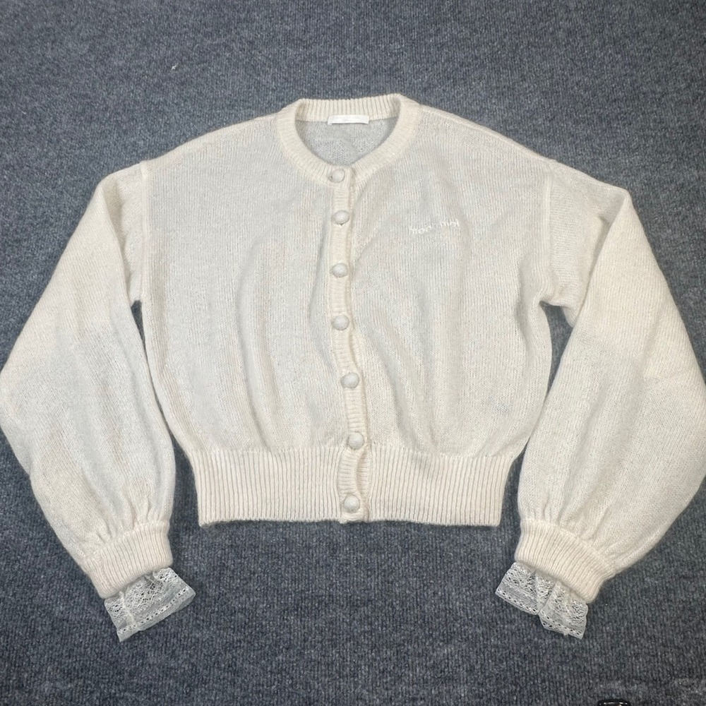 Moon Moi Cream Lace Trim Balloon‎ Sleeve Cardigan Sweater Small